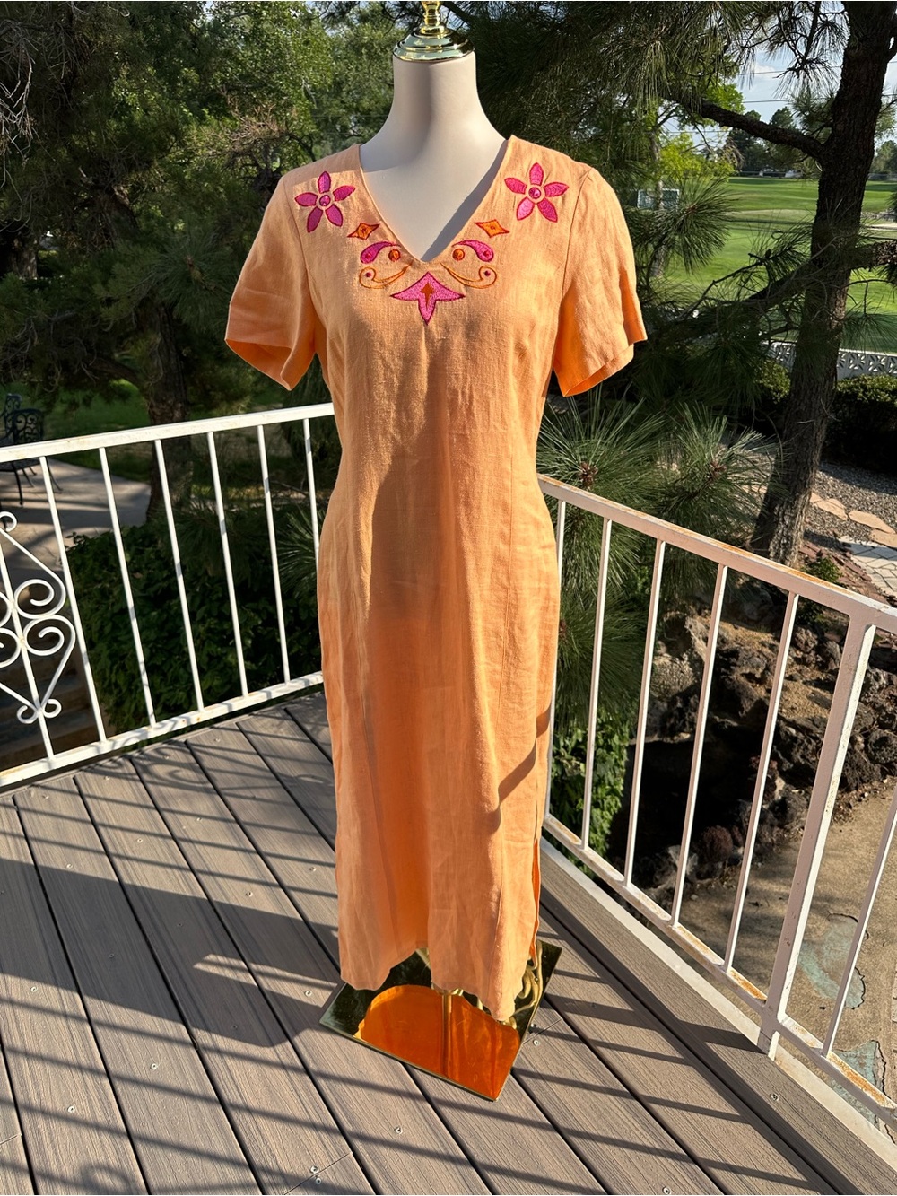 Embroidered Peach V-Neck Midi Dress with Pink Floral Detail 100% linen
